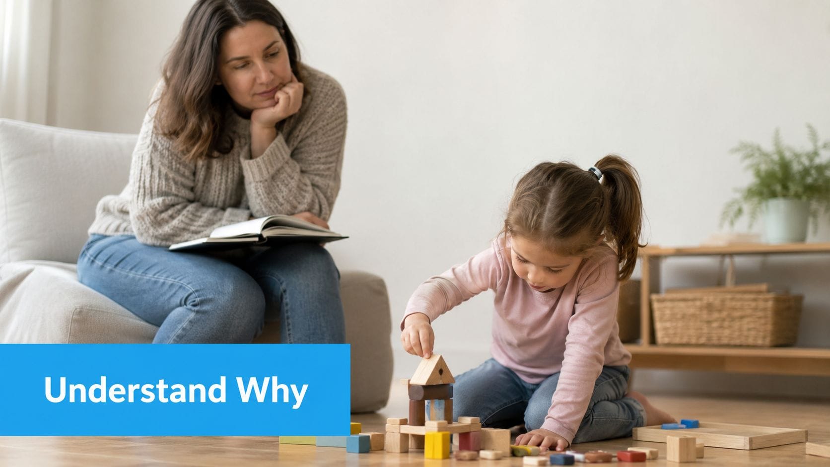 A young child building with wooden blocks on the floor while her mother reads a book.