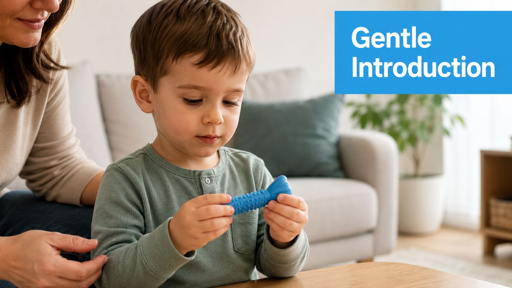 A young boy holds a blue textured sensory chew toy while sitting beside his mother indoors.