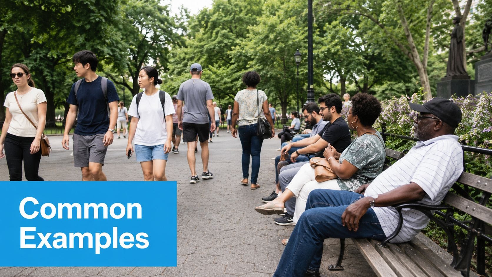 Diverse group of people walking and sitting in a public city park on a sunny day.