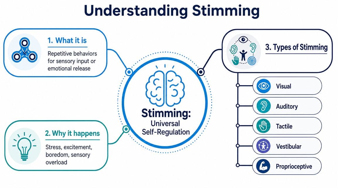 A diagram explaining stimming, its causes, and various types of sensory self-regulation techniques.