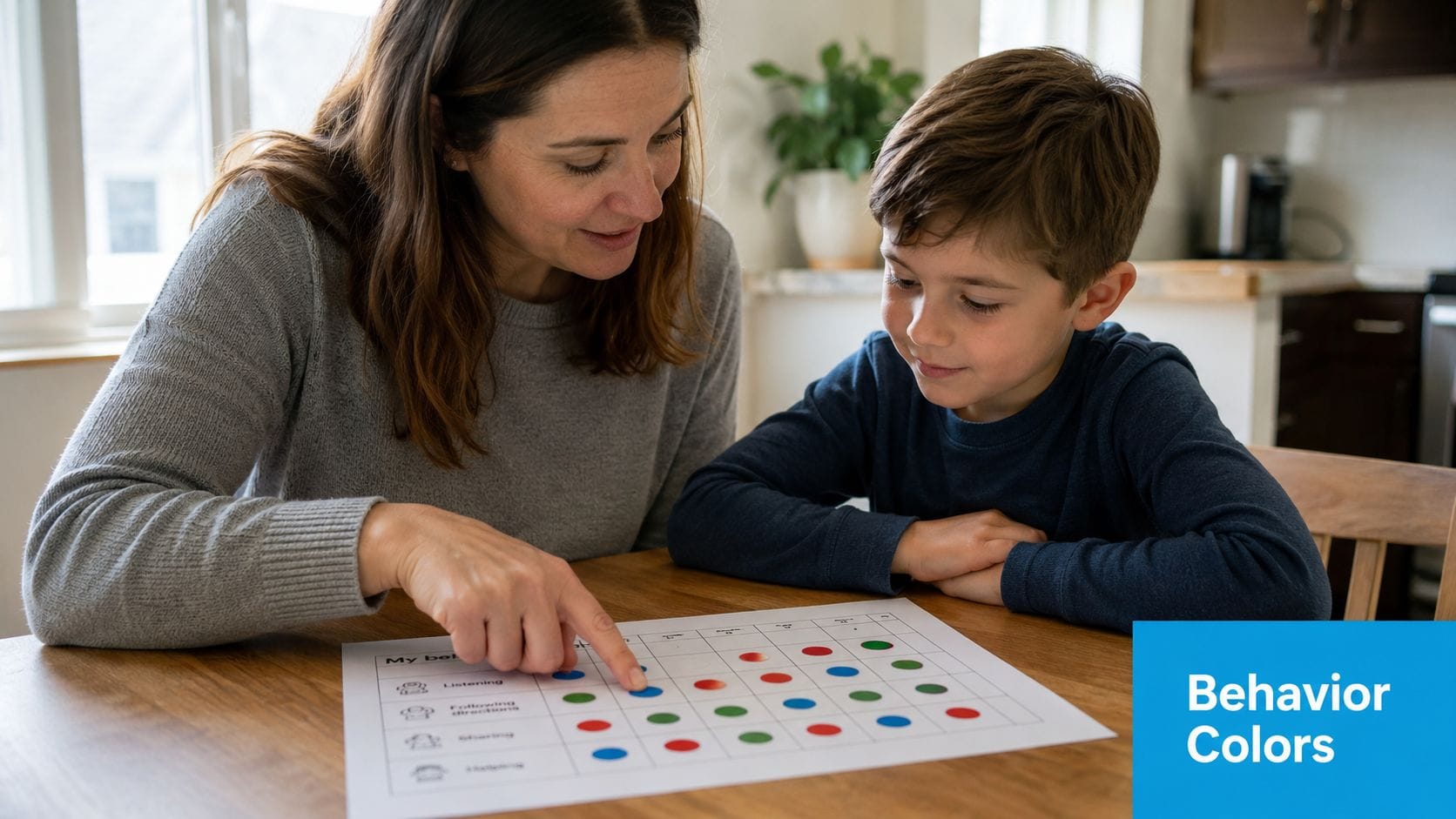 A mother sitting at a table with her son while helping him with a visual behavior chart.