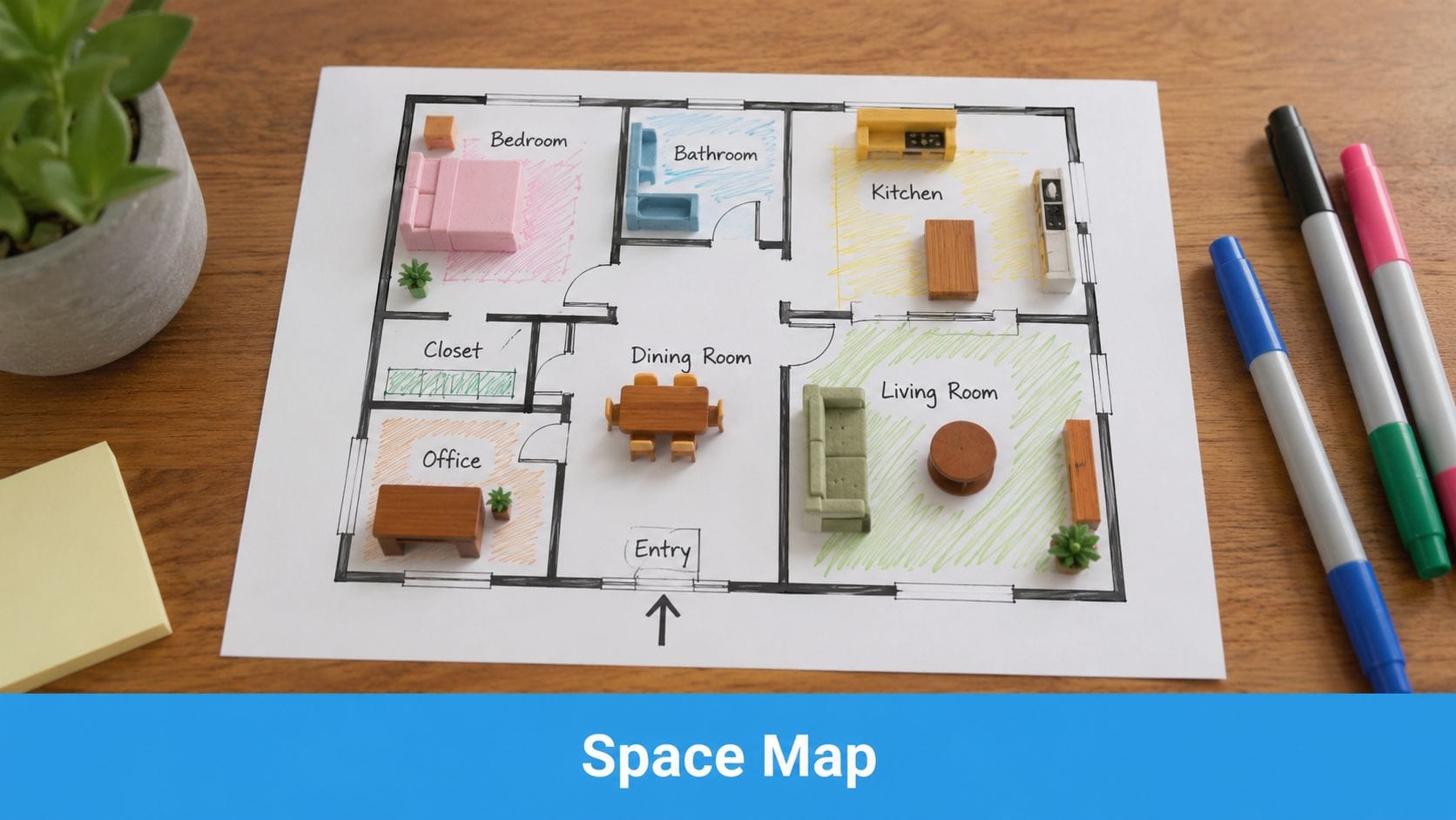 A miniature floor plan layout with furniture pieces arranged on paper placed on a wooden table desk.