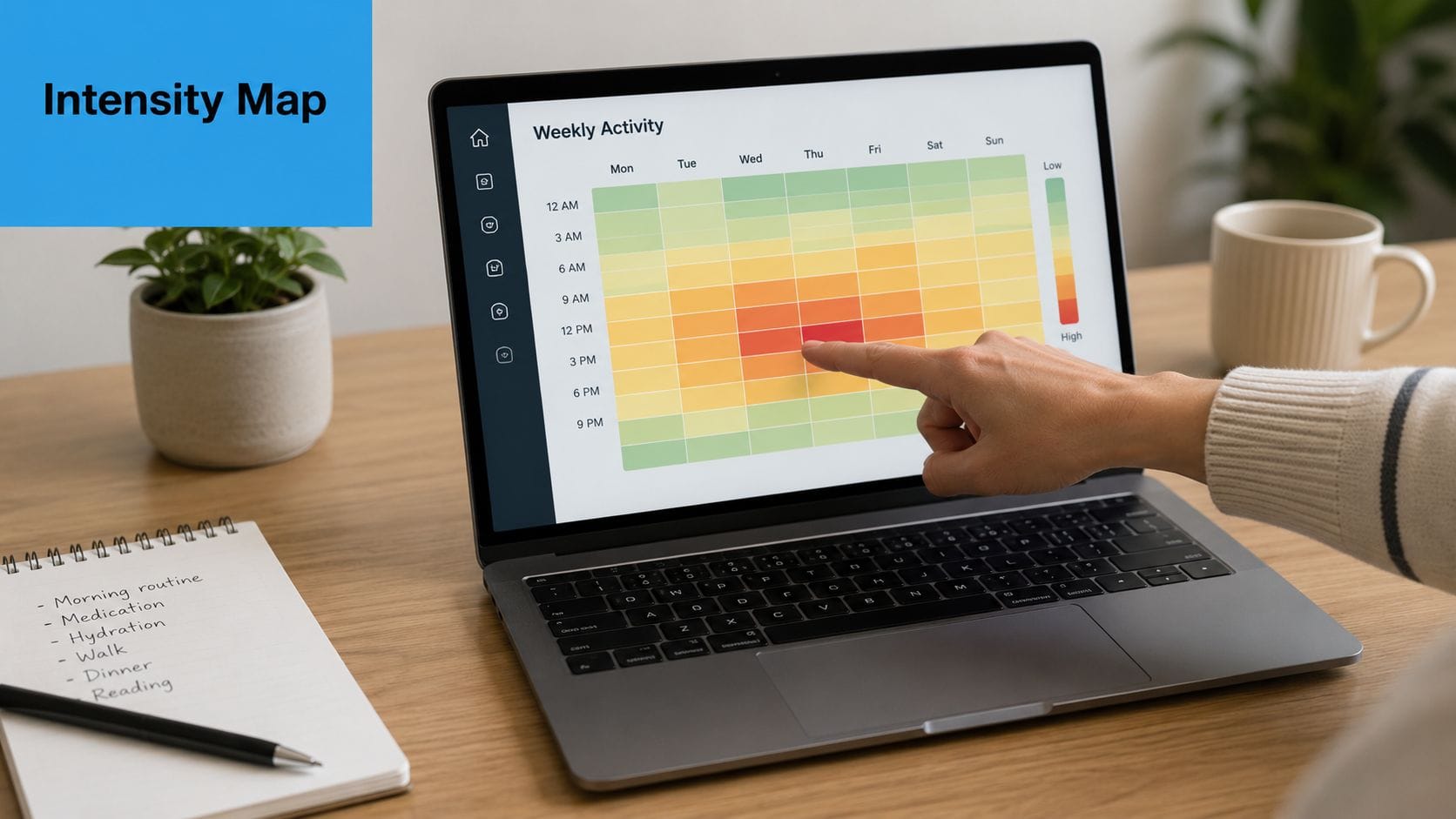 A person pointing at a laptop screen displaying a colorful weekly activity intensity map visualization.