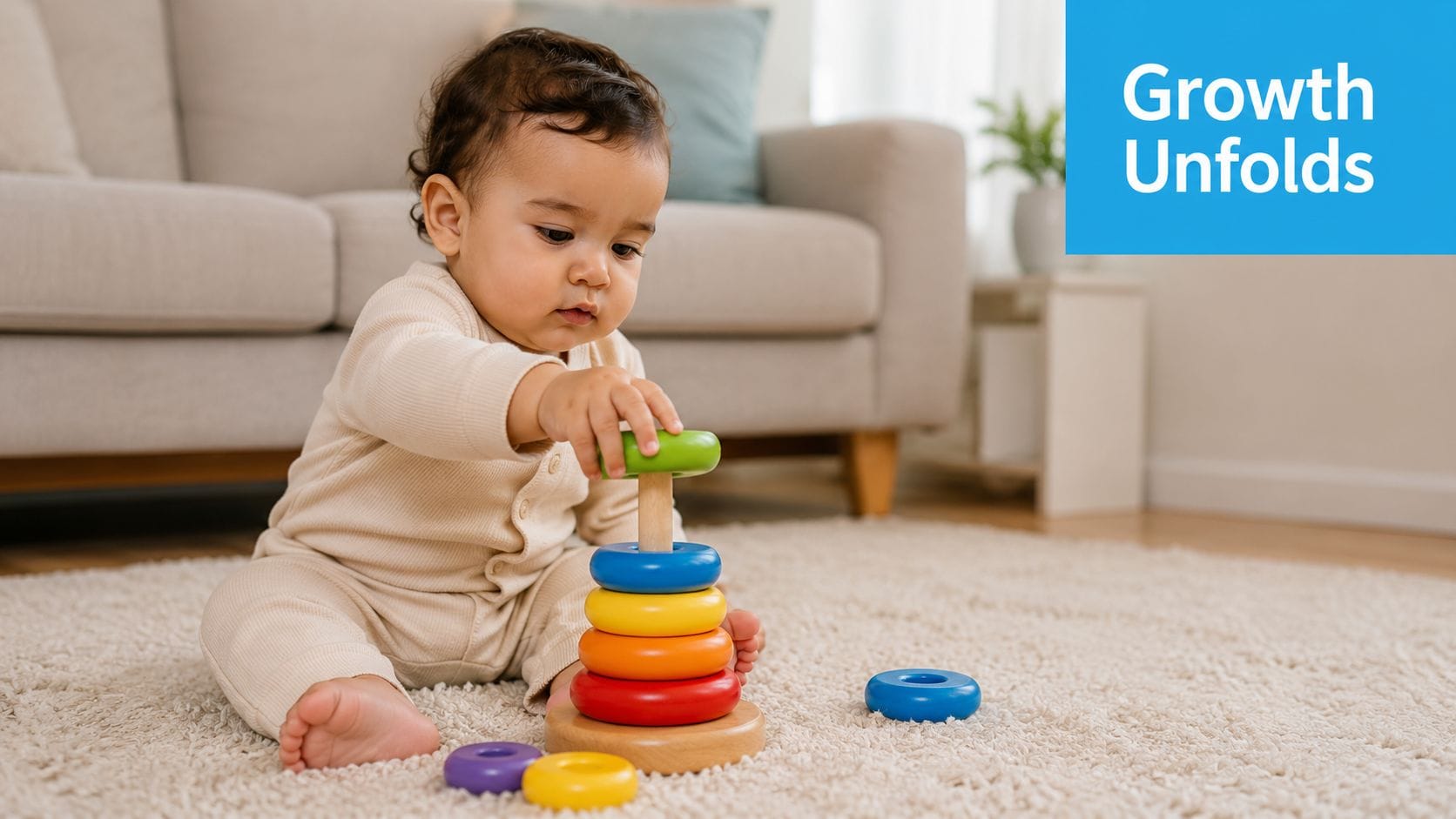 A young baby sitting on a rug playing with a colorful stackable ring toy in a living room.