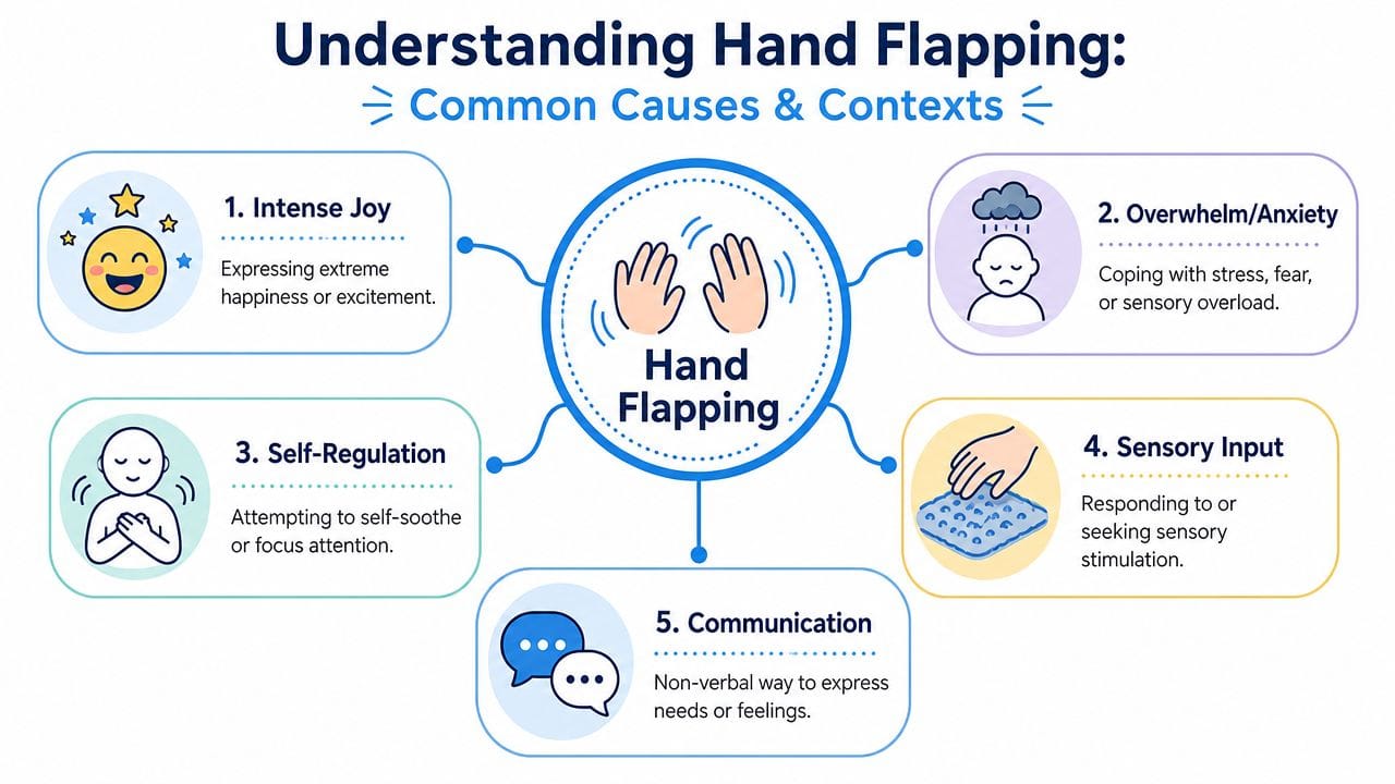 An educational infographic explaining the common causes and contexts of hand flapping as a behavioral expression.