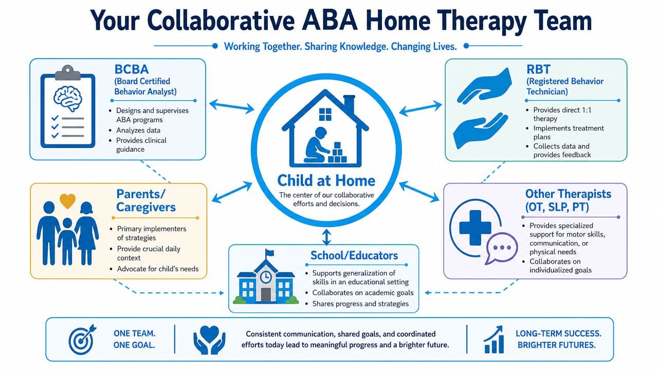 A diagram illustrating the collaborative ABA home therapy team, placing the child at the center of care.