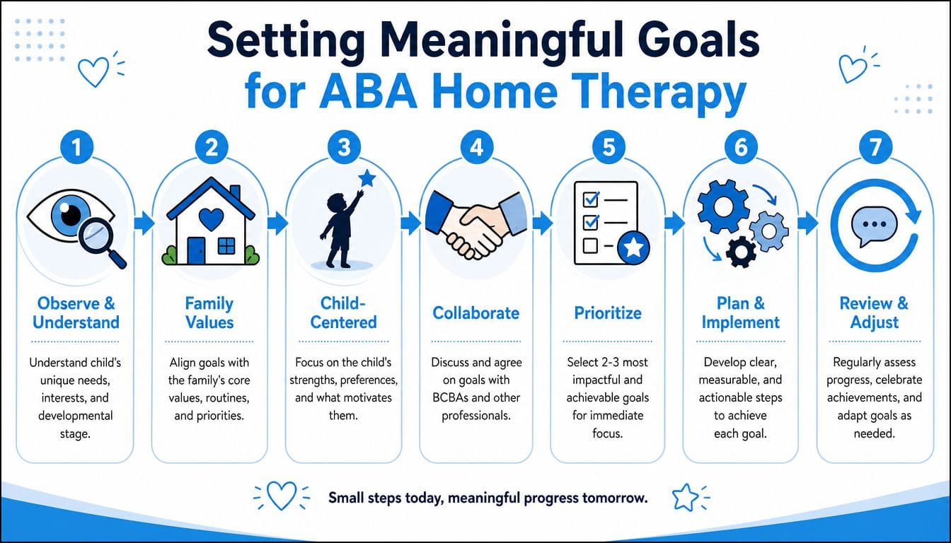 A step-by-step infographic titled Setting Meaningful Goals for ABA Home Therapy, illustrating seven phases of goal development.