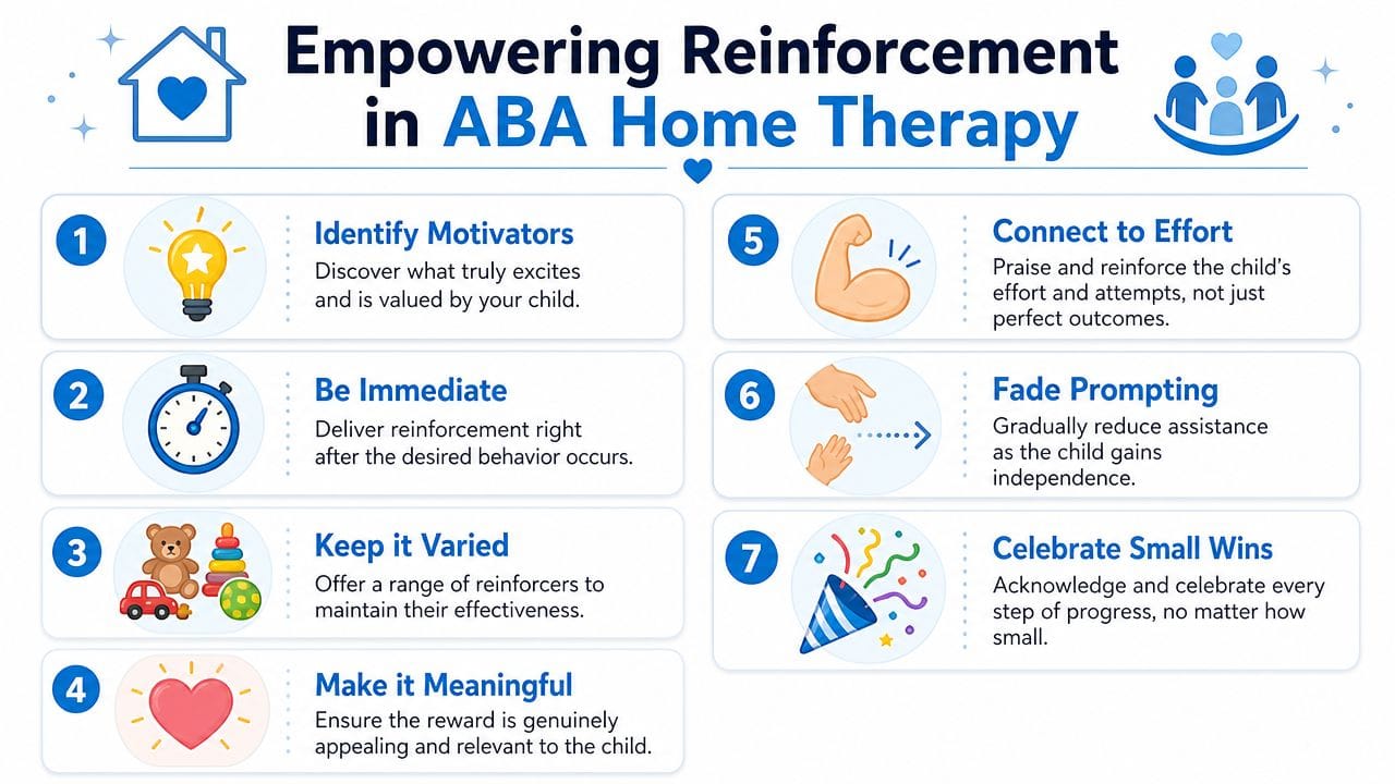 An infographic detailing seven essential strategies for effective positive reinforcement in ABA home therapy for children.