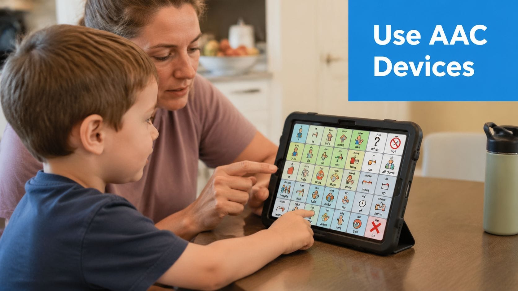 A young boy using an AAC device for communication while sitting with an adult at a table.