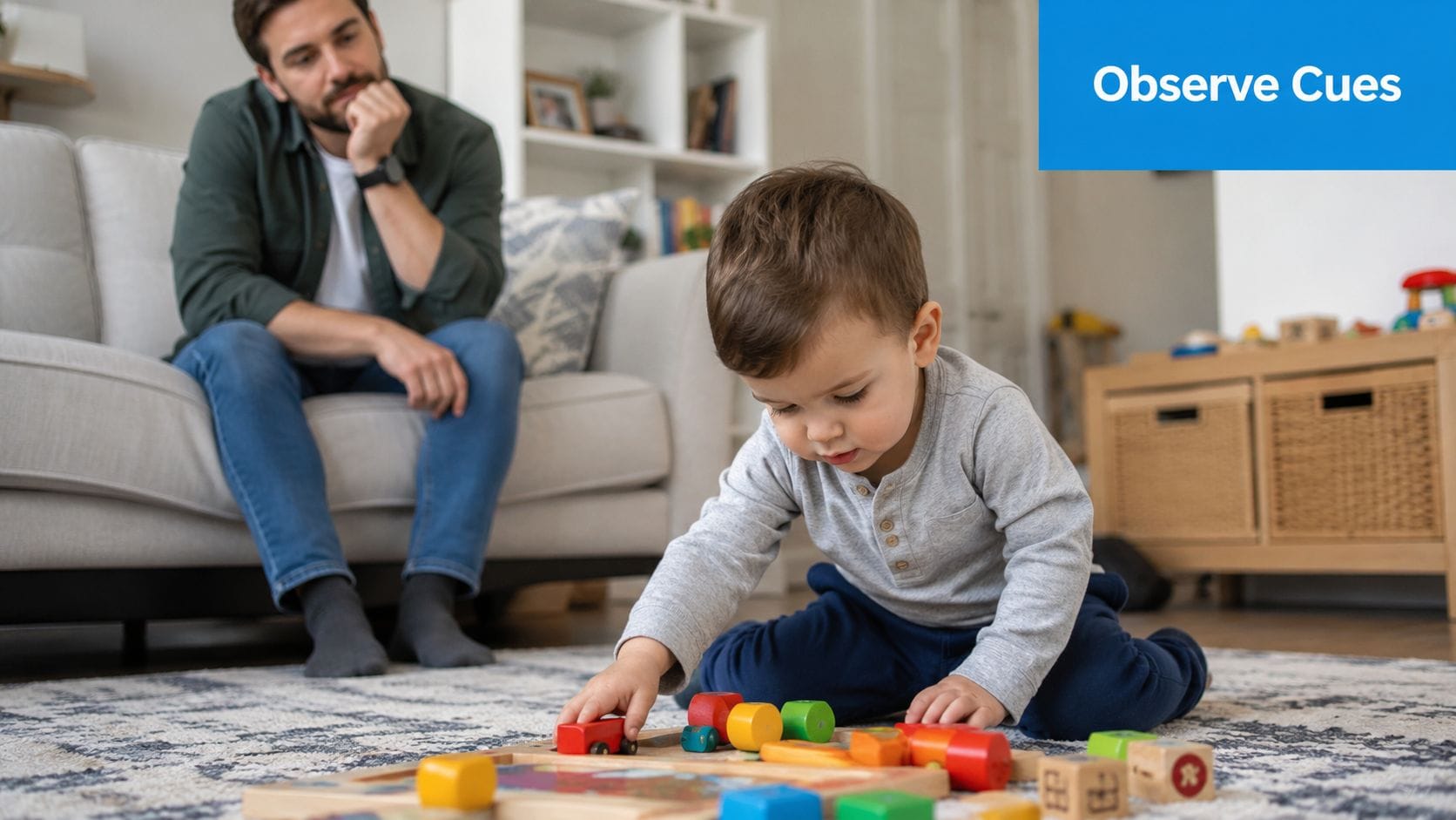 A young toddler plays with colorful wooden blocks on a rug while his father watches him thoughtfully.