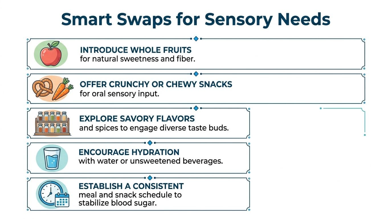 An infographic titled Smart Swaps for Sensory Needs showing tips for healthy eating and snack choices.