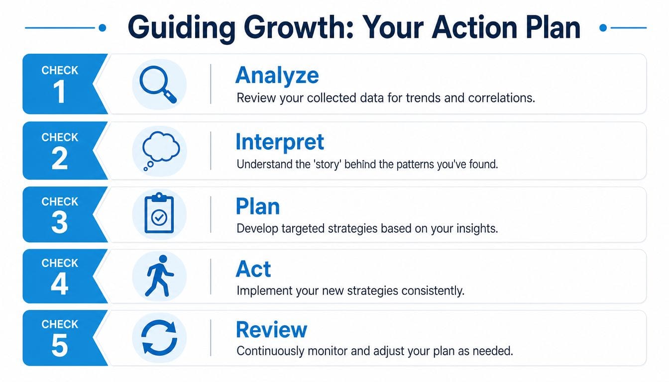 A flowchart titled Guiding Growth: Your Action Plan outlining five sequential steps for data-driven strategic improvement.