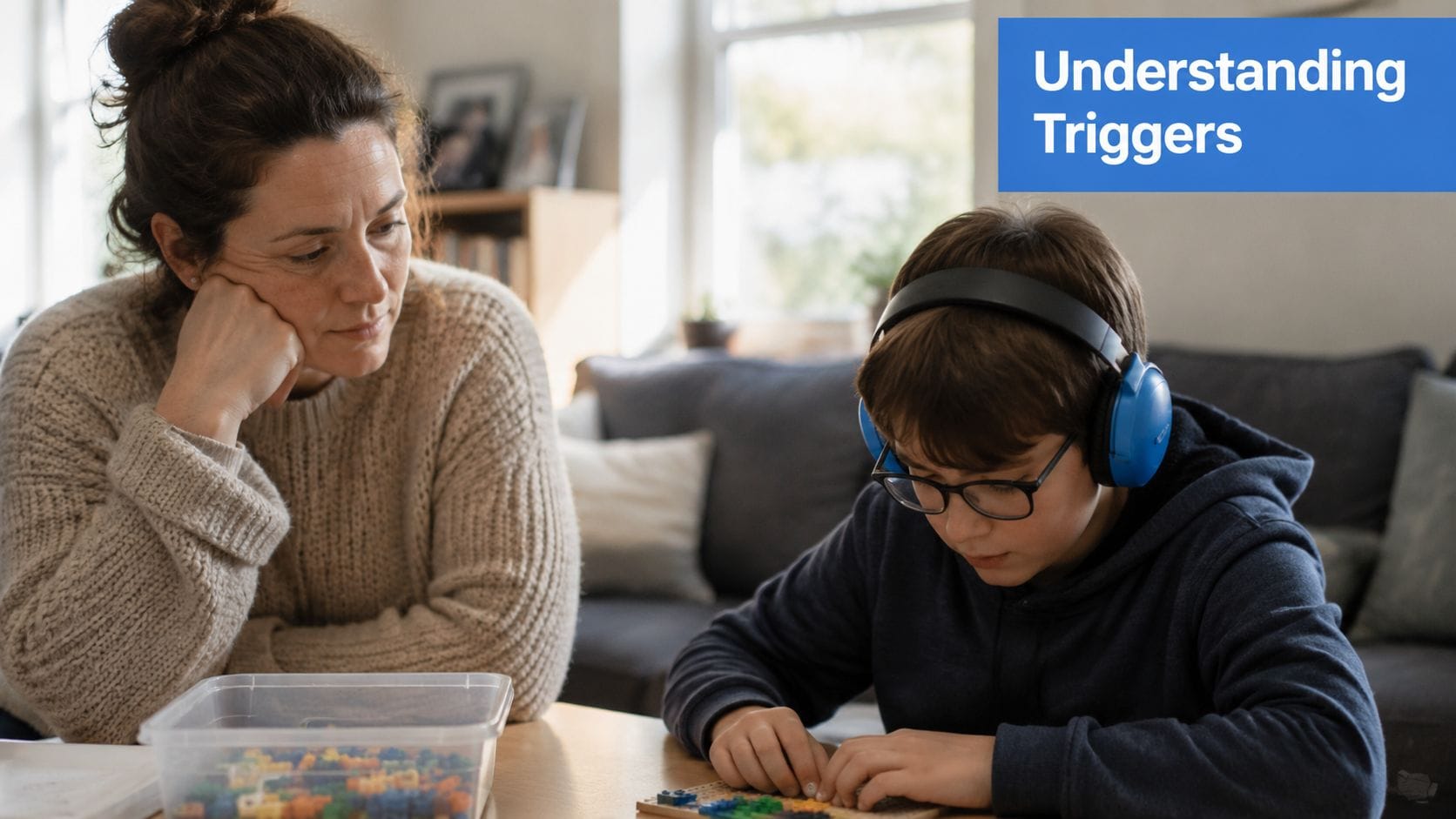 A mother watches her child with sensory headphones working on a puzzle while sitting together.