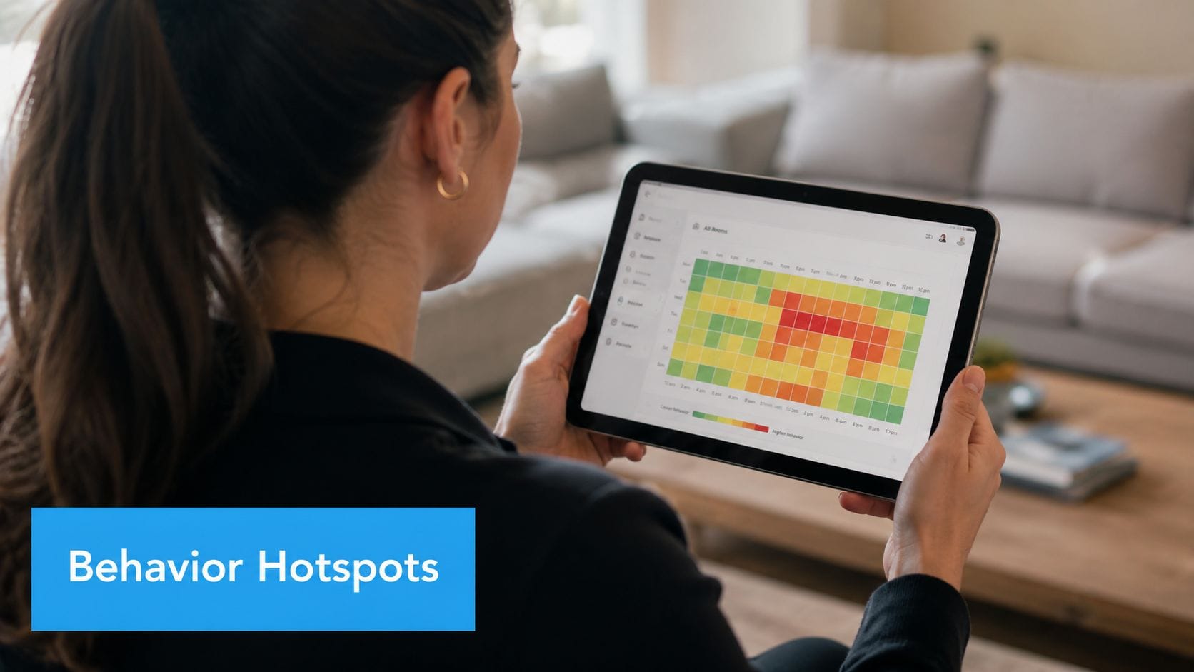 A woman holding a tablet displaying a behavior heatmap chart of household activity patterns over time.