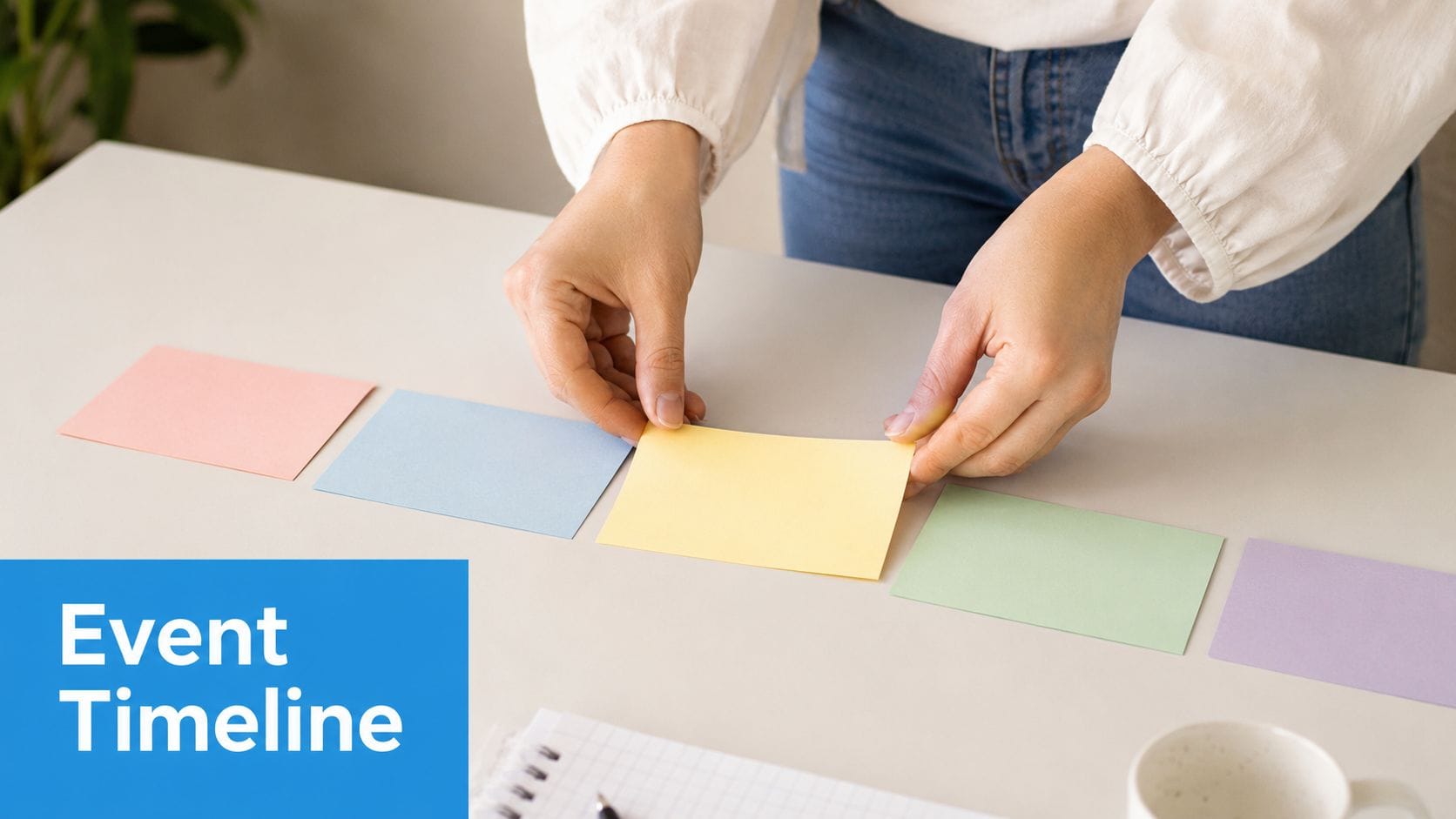 A person organizing colorful sticky notes on a white table to create an event timeline layout.