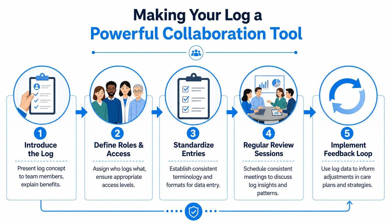 A five-step infographic showing how to make a daily log a powerful collaboration tool for care teams.