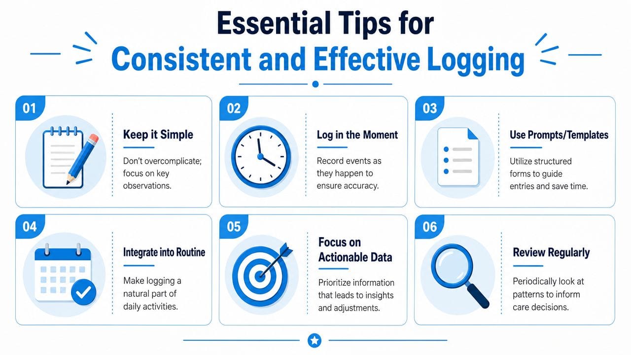 An infographic titled Essential Tips for Consistent and Effective Logging with six numbered steps and icons.