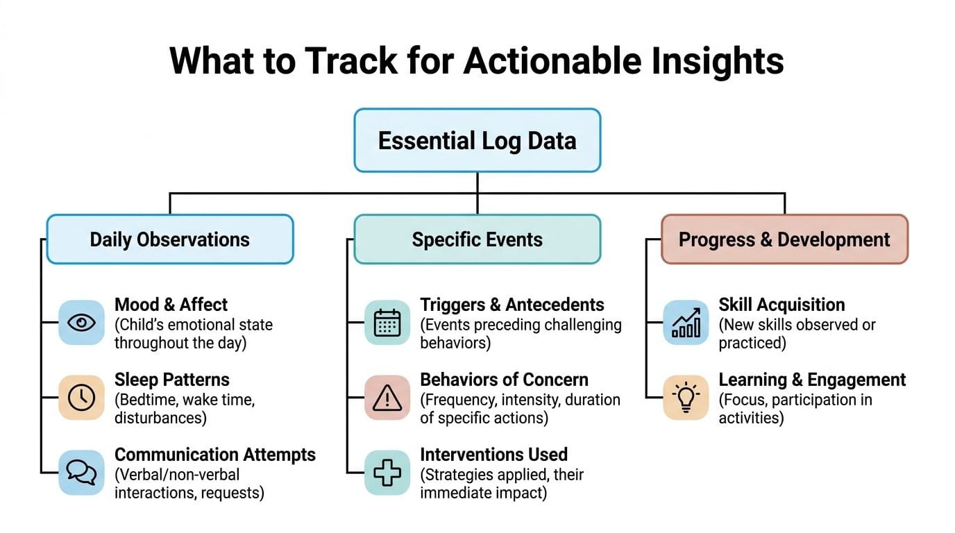 A flowchart outlining essential log data categories for tracking a child's daily observations, specific events, and developmental progress.