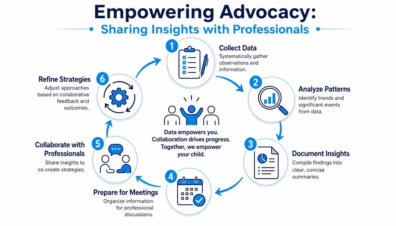 A six-step circular flowchart illustrating a collaborative process for sharing insights with professionals to empower child advocacy.