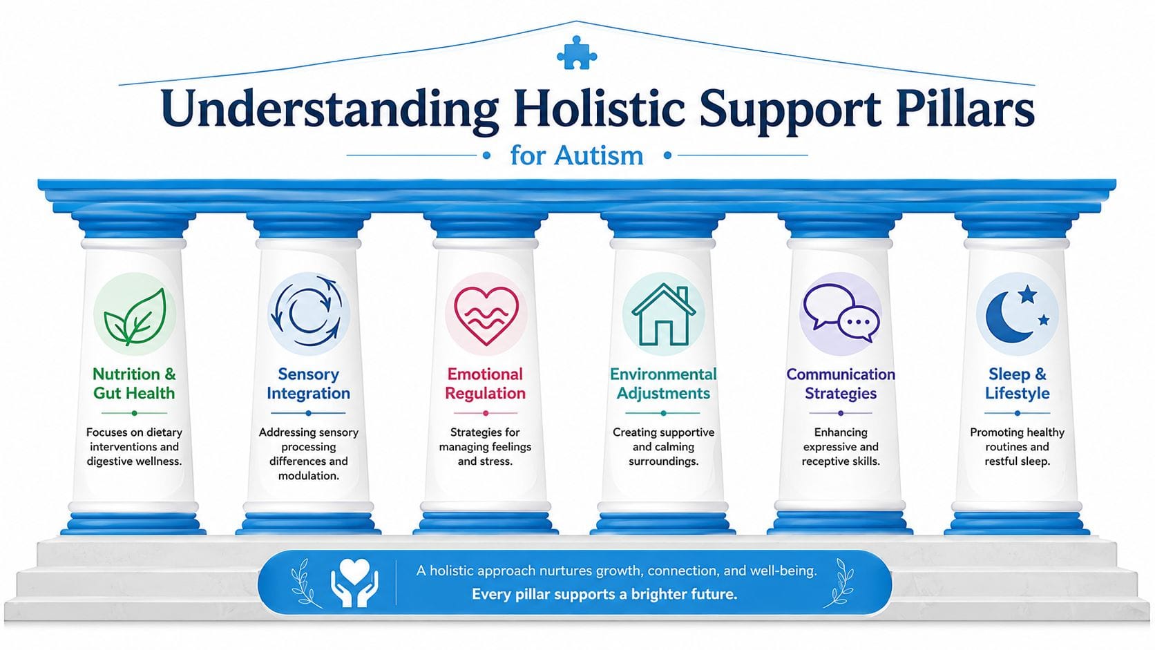 An infographic showing six pillars of holistic support for autism, including nutrition, sensory, emotional, environment, communication, and sleep.