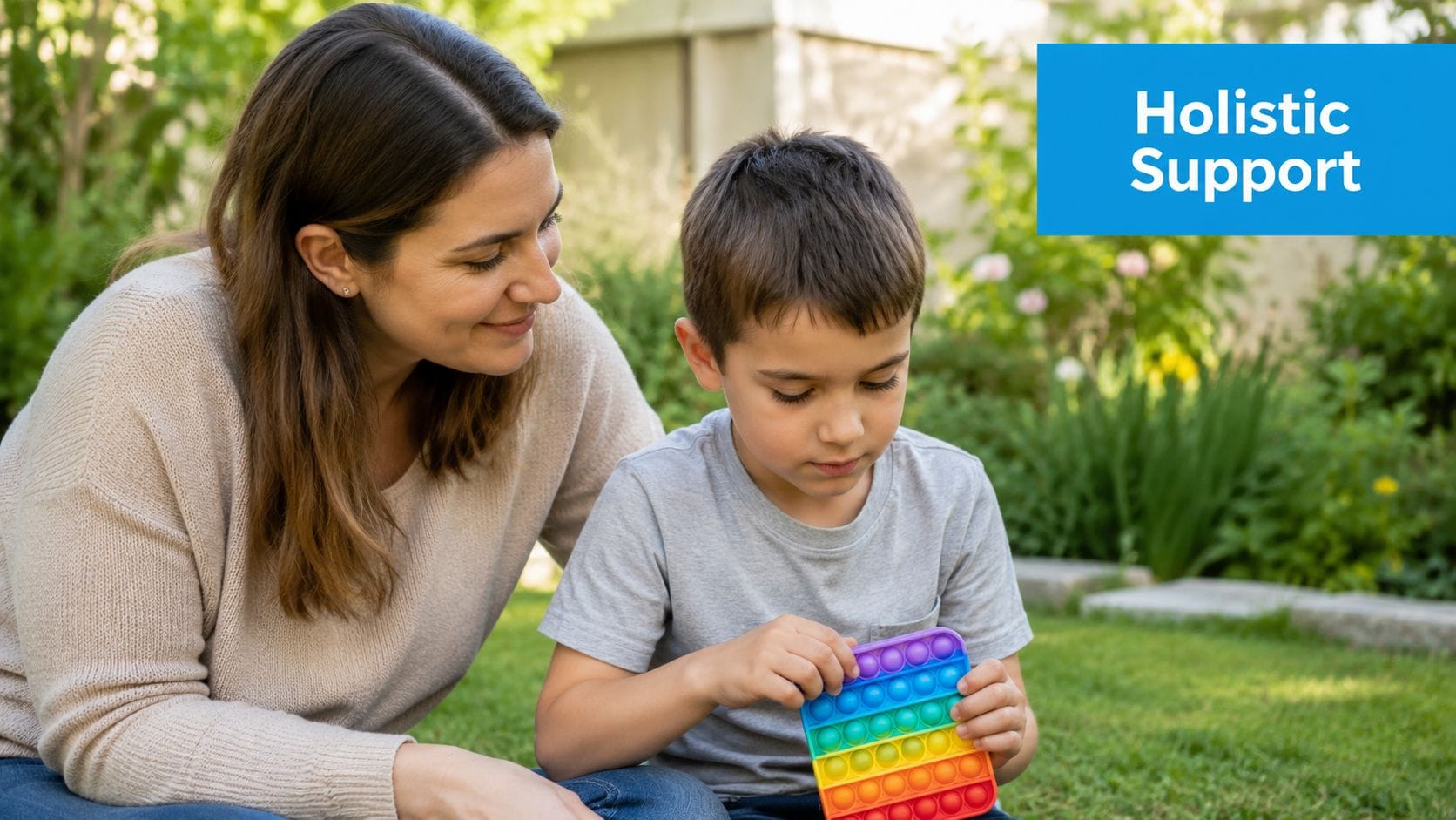 A woman looks on with a smile as a young boy plays with a colorful sensory pop-it toy.