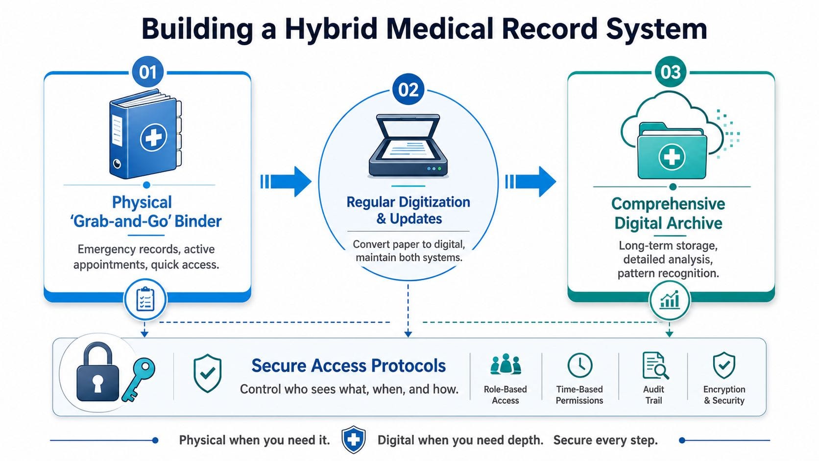 A diagram illustrating a three-step process for building a hybrid medical record system using physical and digital storage.