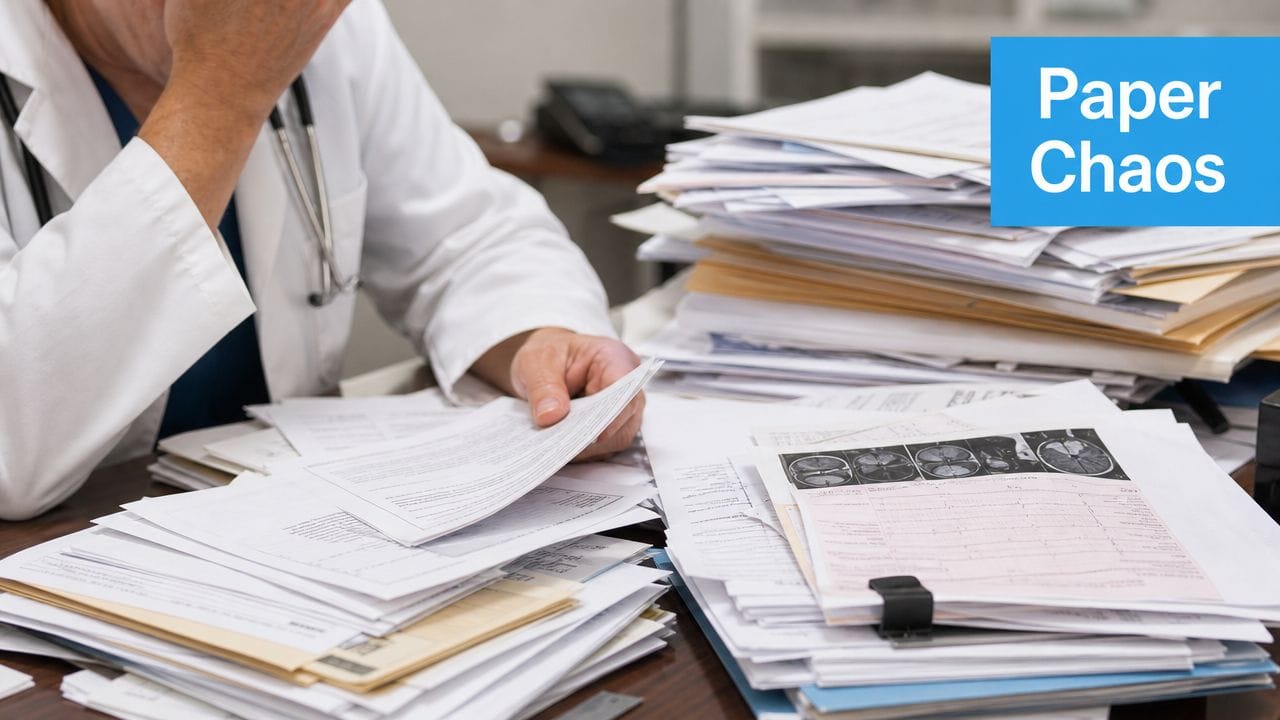 An overwhelmed doctor holding paperwork in a messy office filled with large stacks of medical documents.