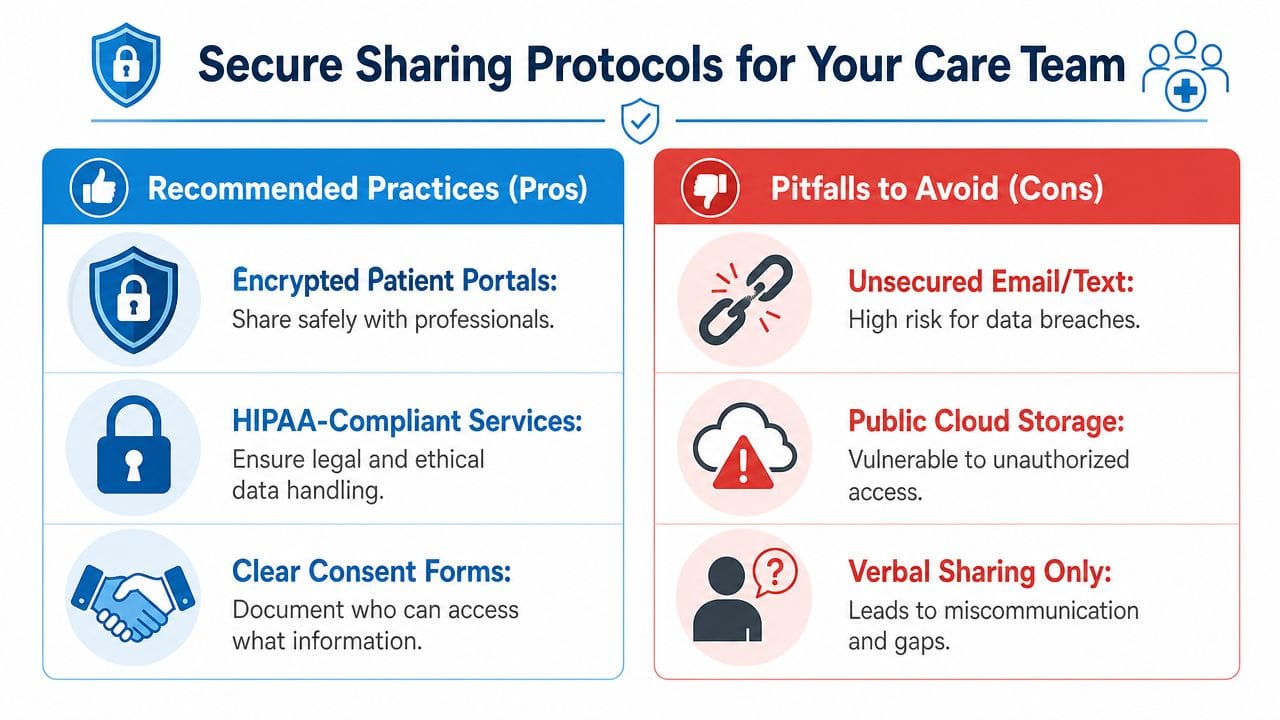 An infographic titled Secure Sharing Protocols for Your Care Team comparing recommended health data practices versus pitfalls.