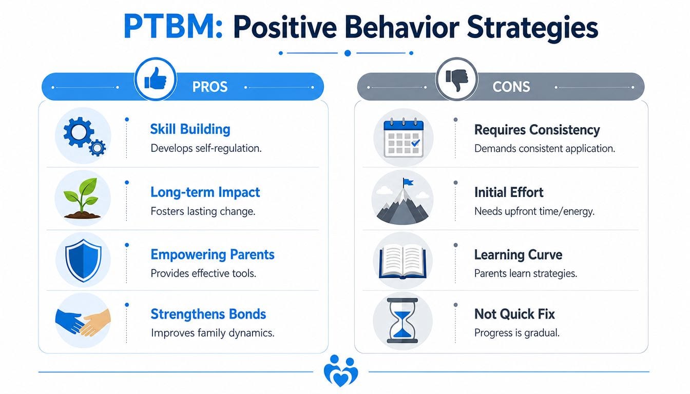 An infographic comparing the pros and cons of positive behavior strategies for managing children's behavior.
