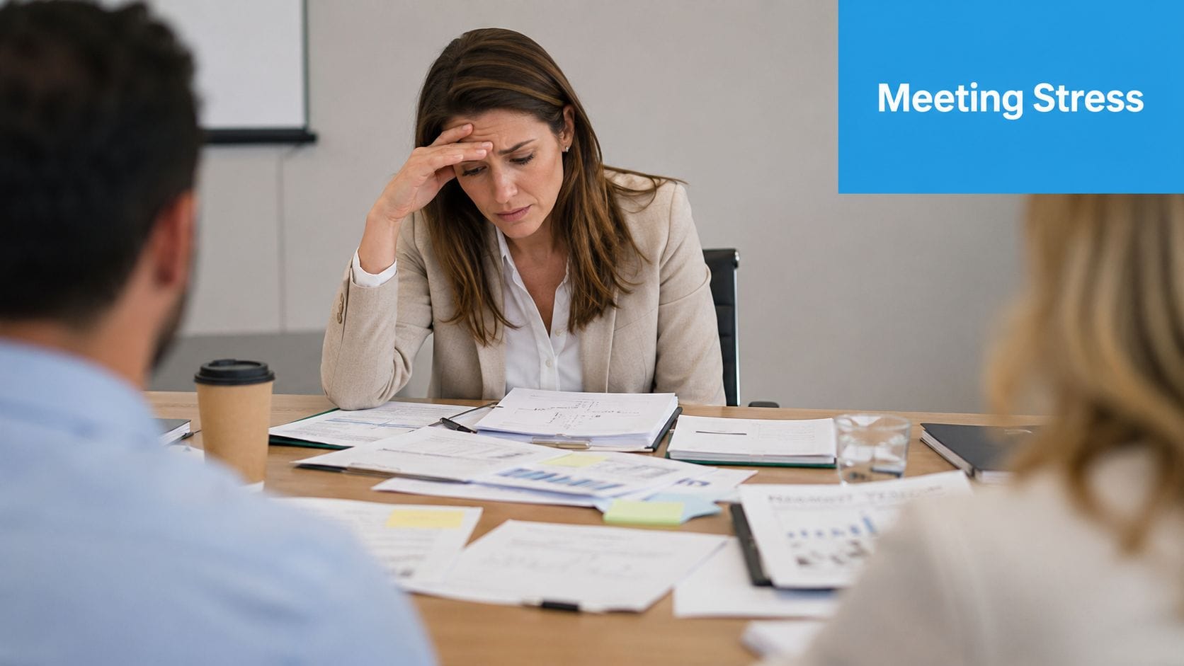 A professional woman looking stressed and overwhelmed while sitting at a meeting table with colleagues.