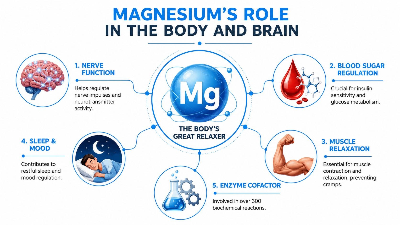 An infographic detailing the various health benefits of magnesium for the body and brain functions.