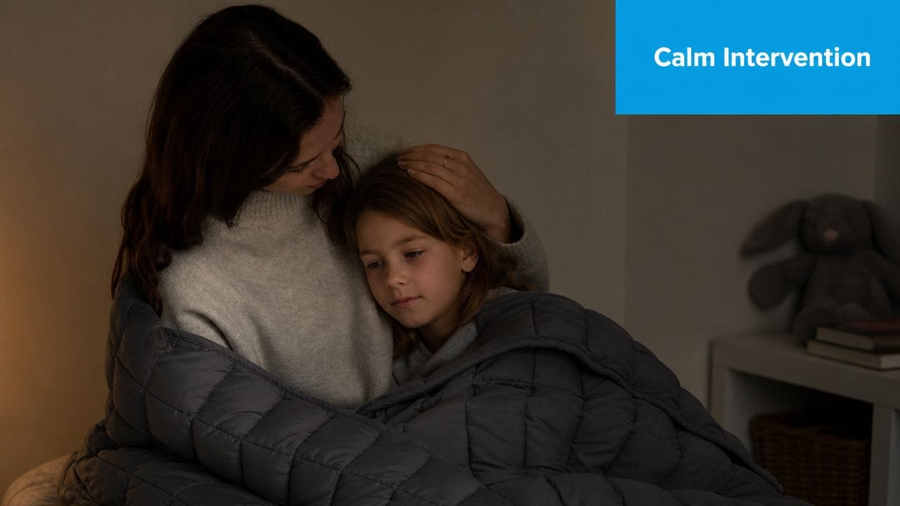 A caring mother comforts her young daughter by holding her close while they sit under a weighted blanket.
