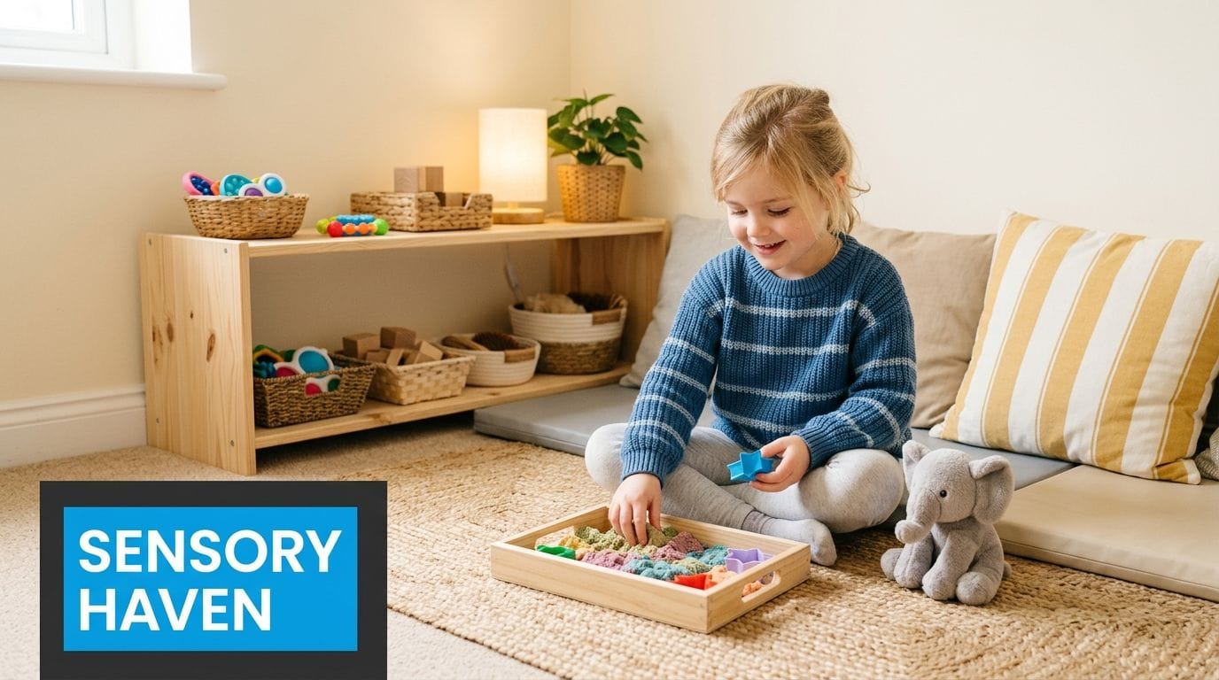 A happy young girl sits on a rug in a sensory-friendly room playing with colorful kinetic sand.