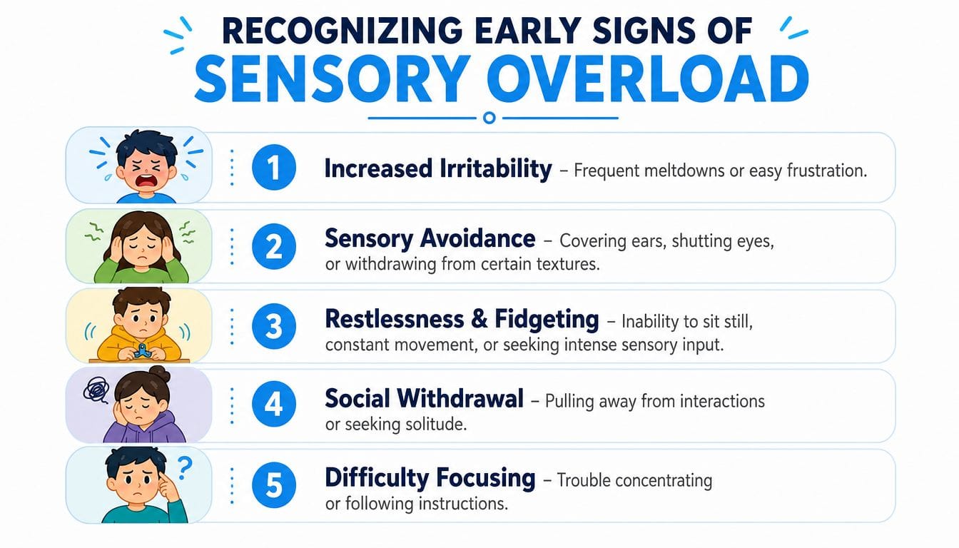 An infographic list outlining five early signs of sensory overload in children, including illustrations for each behavior.