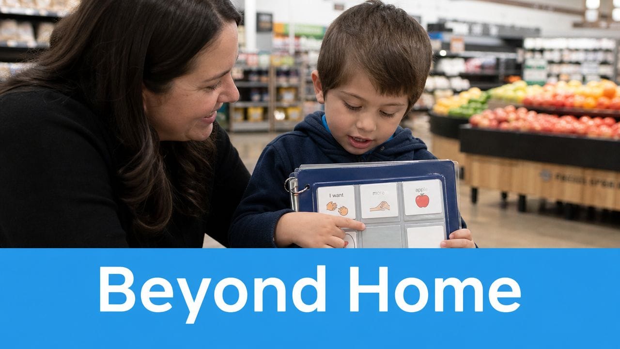 A woman helping a young child with autism use a PECS communication book in a grocery store.