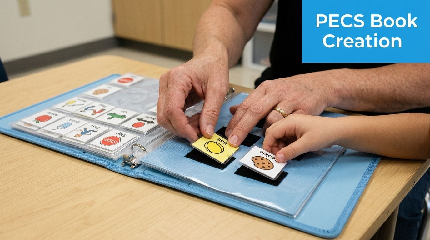 An adult guiding a child to attach communication picture cards onto a blue PECS book.