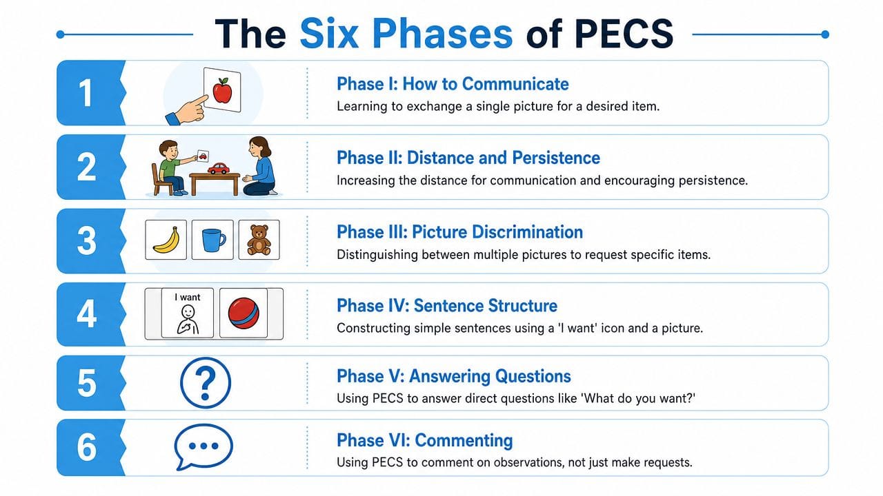 A chart illustrating the six progressive phases of the PECS communication system for autistic learners.