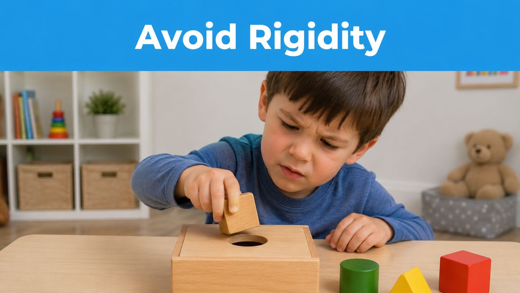 A young boy looking frustrated while trying to fit a wooden block into a shape sorting box.