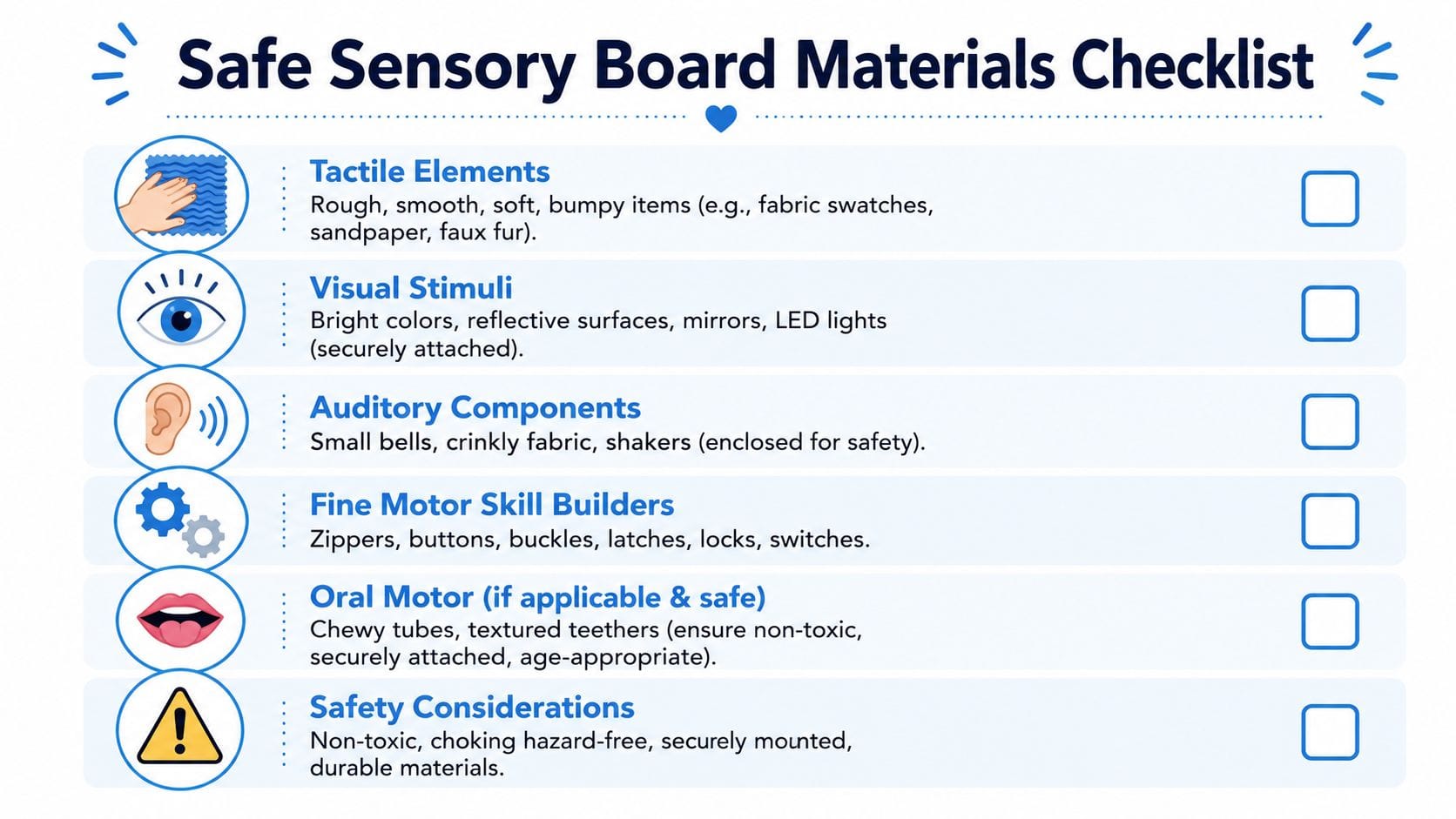 A safety checklist for sensory boards showing tactile, visual, auditory, motor skill, oral, and safety considerations.