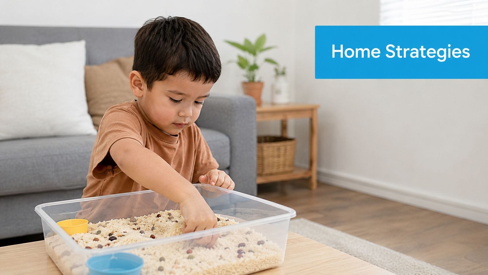 A young boy engaging in a sensory play activity with a bin of rice and various beads.