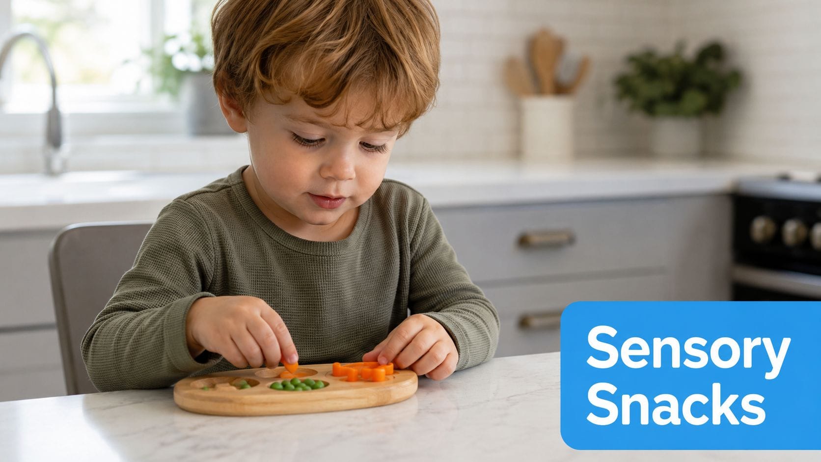 A young boy playing with an educational wooden sensory toy on a bright kitchen counter.