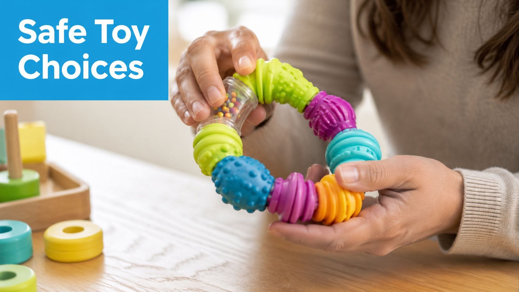 A person holding a colorful, textured sensory teething ring toy for children on a wooden table.