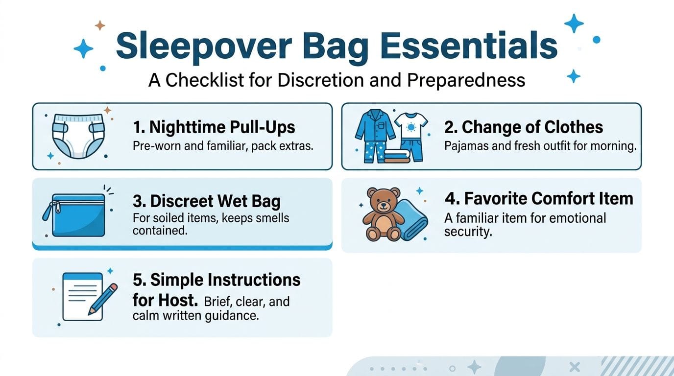 A checklist titled Sleepover Bag Essentials providing tips for packing pull-ups, clothes, wet bags, and instructions.
