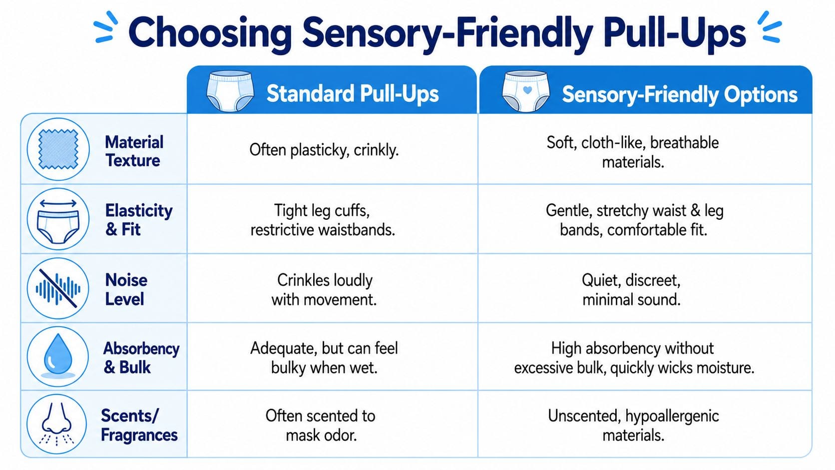 A comparison chart outlining key features of standard pull-ups versus sensory-friendly options for children.