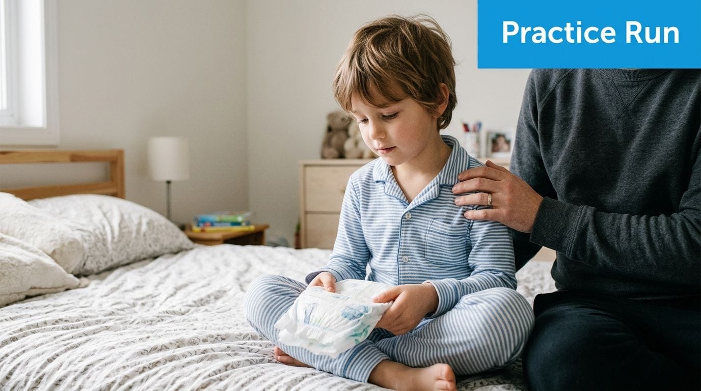 A young boy in pajamas sitting on a bed and holding a pull-up diaper with his parent's support.