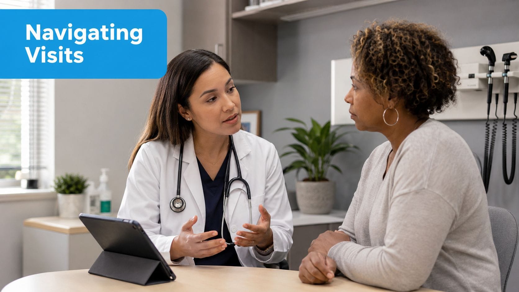 A female doctor in a white coat talks to a patient during a medical consultation.
