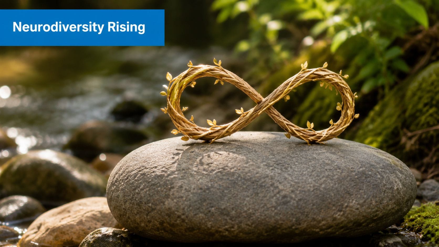 A natural infinity symbol made of woven vines sitting on a smooth stone by a stream.