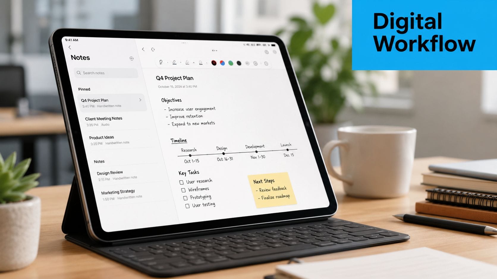 A digital tablet displaying a project planning app on a desk with a coffee mug and notebook.