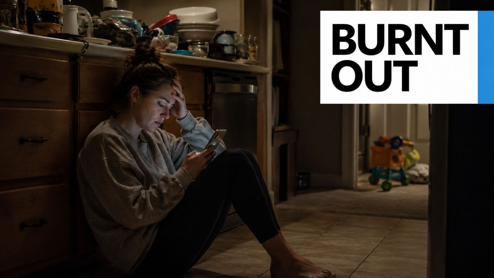 A tired caregiver sitting on the kitchen floor late at night looking at her phone in distress.