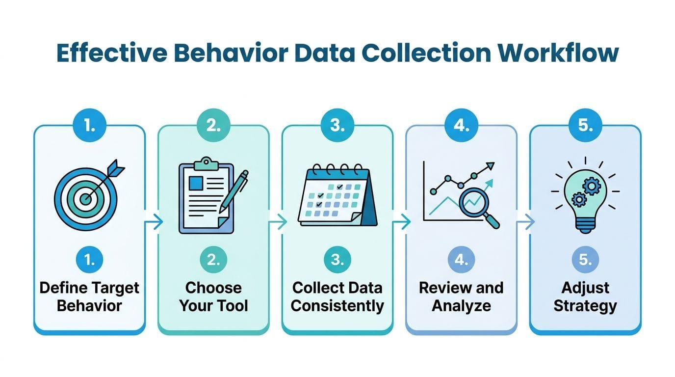 A five-step infographic showing the effective behavior data collection workflow process for tracking and analysis.